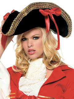 Pirate Hat With Thick Gold Trim and Satin Ribbons - O/S - Black/Red