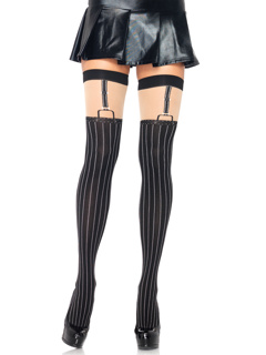 Dove Pinstriped Suspender Thigh High Stockings - O/S - Black/Nude